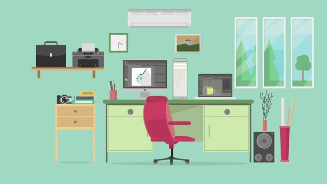 Minimalist graphic design workspace animation showcasing creative tools and interior elements.