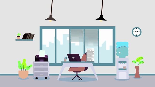 Minimalist office environment interior with animated work desk scene in flat vector art style design.