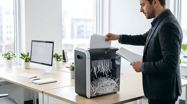 Professional man shredding confidential business documents in office