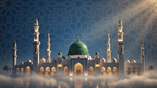 Islamic Background with Mosque and Glowing Geometric Patterns