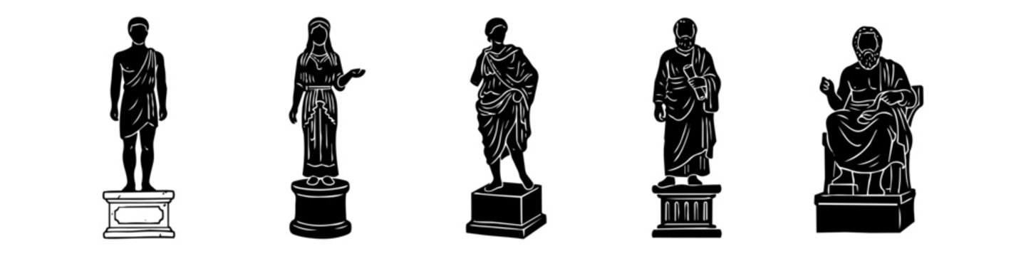 Set of black silhouettes of ancient Greek and Roman statues on pedestals. Classical mythology and philosophy sculpture vector icons isolated on a white background.