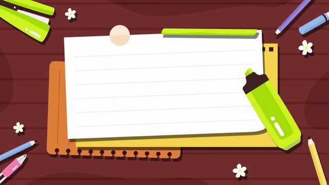 Animated stationery background with white paper and school supplies on wood for education concept.