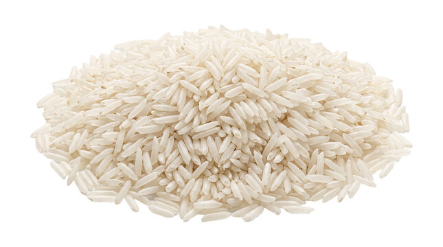 Pile of raw white long grain rice dry cereal grains isolated for healthy dietary meal cooking purposes.