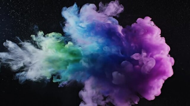 Colorful powder explosion effect on black background, creative concept of paint cloud and vibrant artistic color burst.