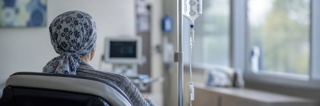 Woman with headscarf receiving IV infusion in hospital chair, cancer treatment and oncology care