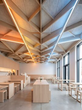 Wide interior shot of modern cafe with complex geometric acoustic ceiling and integrated adaptive smart LED lighting transitioning from warm to cool tones, perfect perspective