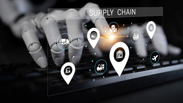 A robotic hand types on a keyboard, showcasing supply chain icons and data visualizations. This image captures the intersection of technology and logistics in modern business operations. Ledger