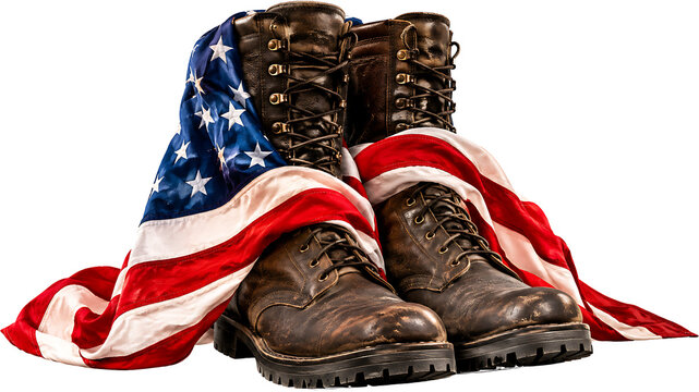 Worn leather combat boots wrapped in American flag isolated on white background