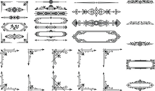 Elegant vintage decorative borders and corner ornaments transparent background design collection
