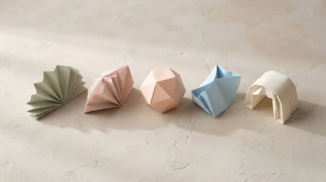 A neat row of abcde paper models featuring geometric shapes and origami folding on a rustic beige background