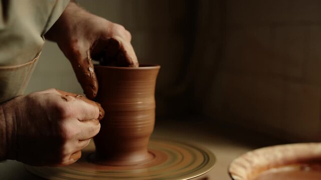 Clay artist sculpting in studio. Hands shaping clay on pottery wheel, creating unique ceramic artwork in studio, skillful craftmanship