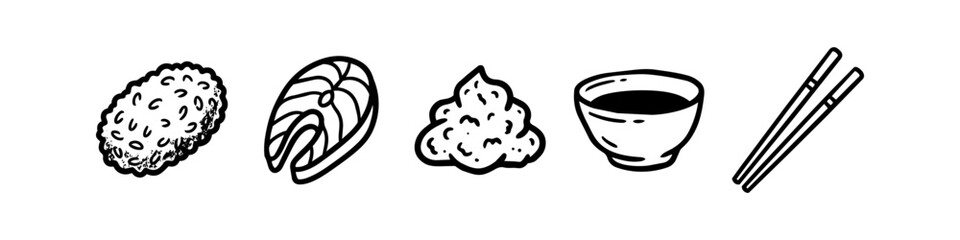 Fototapeta premium Hand-drawn black line art sushi set featuring rice, salmon steak, wasabi paste, soy sauce bowl, and chopsticks, isolated on a white background.