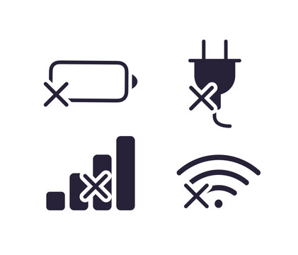Isolated bundle graphic templates, vector illustration. No signal, no wifi, no electric power, no phone charging symbols