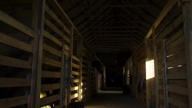 Stable in shadows. stable aisle perspective leading lines symmetry professional photography. Rustic barn interior featuring stacked hay bales glowing in soft sunlight with visible floating dust .