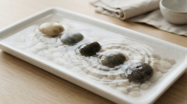 A peaceful zen water tray with smooth stones creating ripples for relaxation and mindfulness