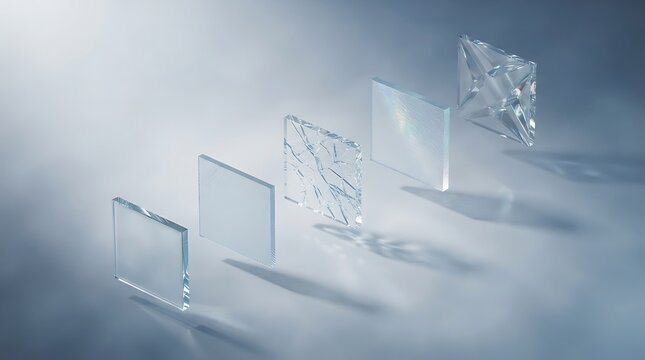 A collection of various abcde textures and glass types floating in a clean studio environment