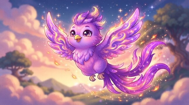 Cute purple phoenix baby cartoon flying in magical sunset sky