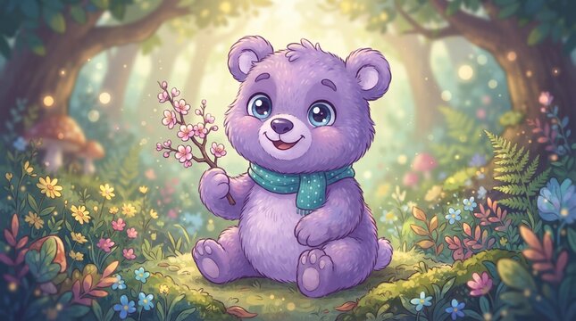 Cartoon purple teddy bear with green scarf sitting cross-legged in whimsical forest setting with soft lighting