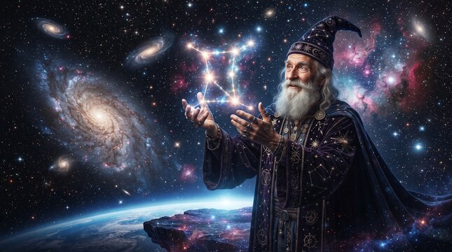 Elderly man with long beard and robes gestures toward cosmic space with galaxies and planets in surreal cosmic background