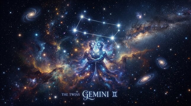 Cosmic nebula cluster with gemini constellation highlighted in deep space background for astronomy education