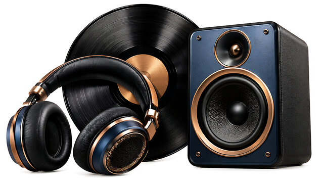 Black vinyl record with audio speaker and headphones isolated on white background