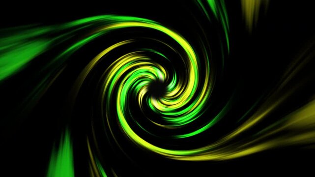 Abstract green and yellow light streaks swirling in a clockwise twirl motion on a black background creating a dynamic vortex effect for motion graphics and digital art backgrounds