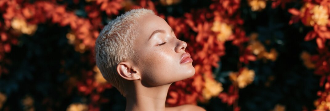 Side profile portrait of model with platinum buzz cut in autumn foliage background for beauty banner and skincare poster design