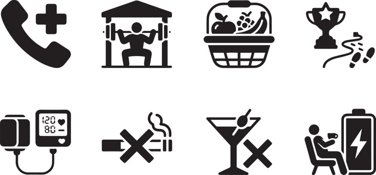 Employee Assistance and Preventive Health Icon Set Featuring EAP Hotline, Onsite Gym, Healthy Snack Basket, Challenge Trophy, Blood Pressure Monitor, No Smoking, No Alcohol, and Battery Charging