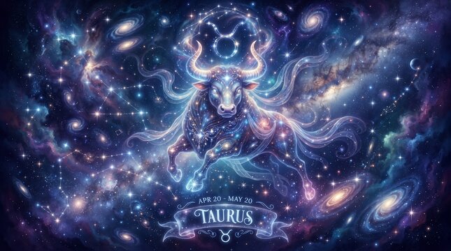 Celestial Taurus zodiac sign illustration with cosmic elements in deep space background for astrology branding