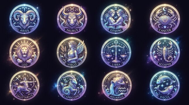 Vintage astrological and tarot symbols arranged in circular composition with cosmic glow effects
