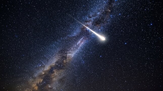 Meteor shower streaking through milky way galaxy with vibrant cosmic dust trails