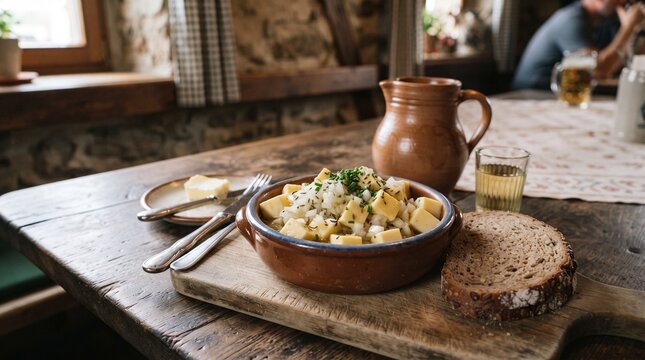 Chef preparing rustic vegetable stew in ceramic pot at wooden table in cozy restaurant setting with natural daylight