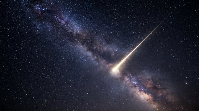 Meteor streaking through the milky way galaxy with cosmic dust and star clusters in deep space
