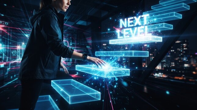 Professional woman interacting with futuristic holographic interface in high-tech office environment