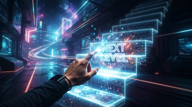 Business professional interacting with futuristic digital interface on holographic display in modern office