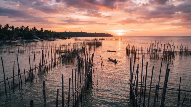 Traditional Fishing Stakes in Sea at Sunset with Fisherman Boat Silhouette