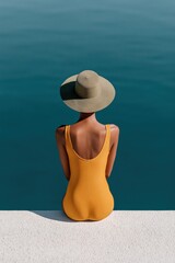 Fototapeta premium Rear view of a woman in a yellow ribbed swimsuit wearing a wide brim straw hat seated by the serene sea for summer poster and background design