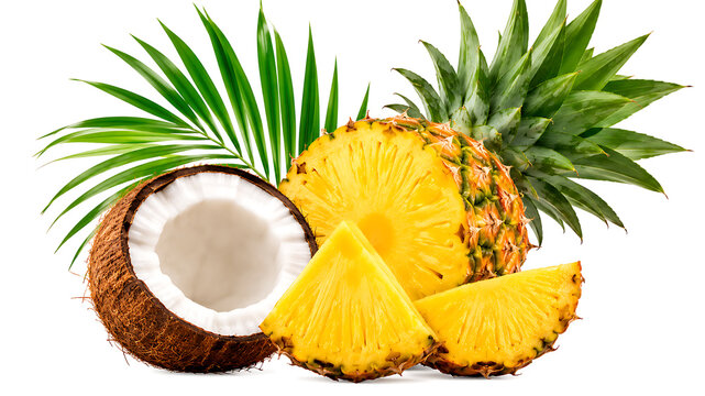 Fresh tropical pineapple and coconut with green palm leaves isolated on white background