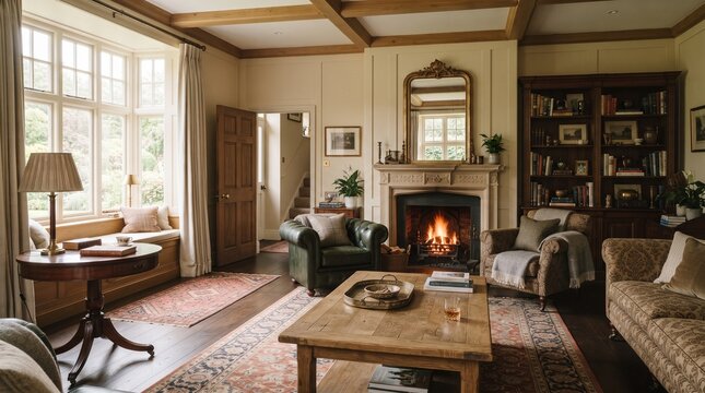 Cozy English cottage living room interior with fireplace and rustic decor