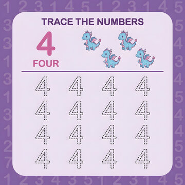 Trace the numbers worksheet with number four and cute blue dragons