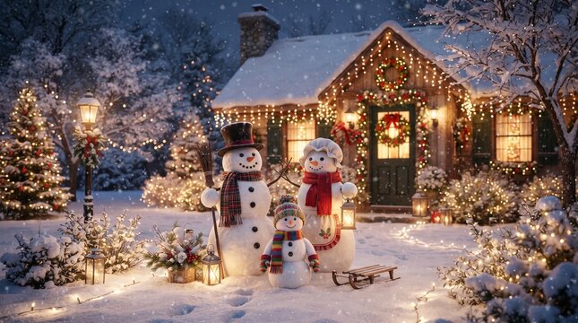 Cozy winter wooden cabin with snowman family and Christmas lights in snowy night