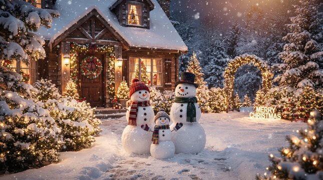 Cozy winter wooden cabin with snowman family and Christmas lights in snowy garden