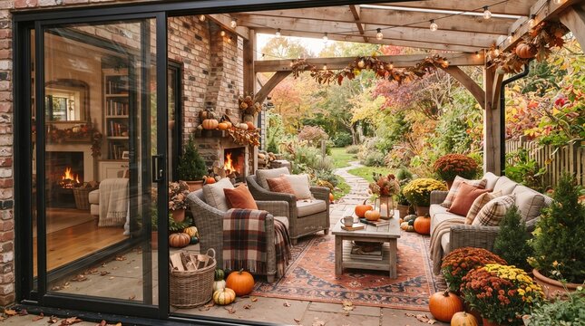 Cozy autumn outdoor living room patio with fireplace and fall decor