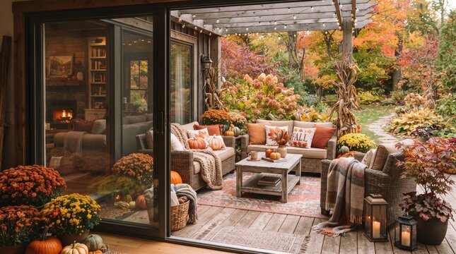 Cozy outdoor patio lounge with comfortable sofa and autumn fall decor