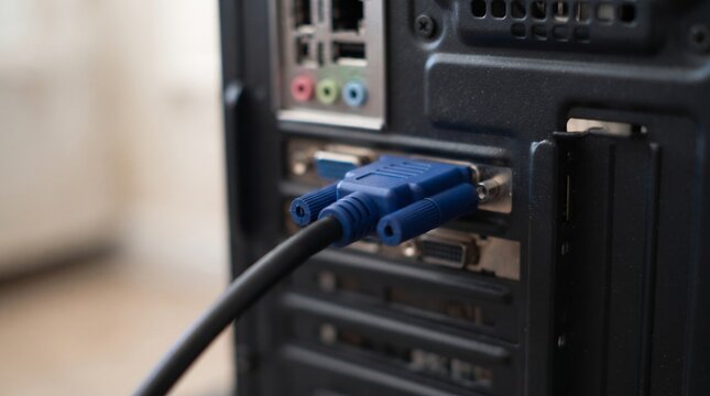 VGA cable connected to computer back panel port close up