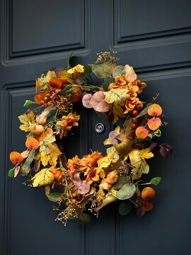 Vertical close-up of a colorful autumn wreath with yellow leaves, mini pumpkins, and orange berries hanging on a dark navy paneled door. Ideal for stock photo needs related to fall home decor v