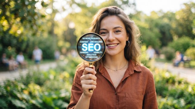 Smiling businesswoman holding SEO sign in park outdoor marketing