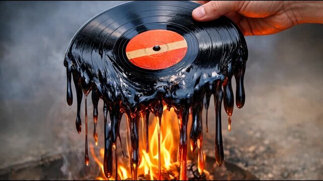 A person holding a vinyl record over a flame, likely for a nostalgic or ritualistic purpose