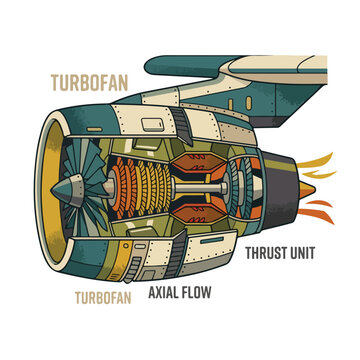 Turbofan jet engine cross section diagram illustrates internal components including axial flow and thrust unit mechanisms.