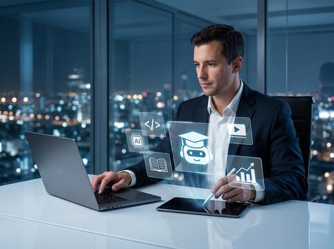 Businessman Using Futuristic AI Education Platform with Holographic Icons for Online Learning and Professional Development